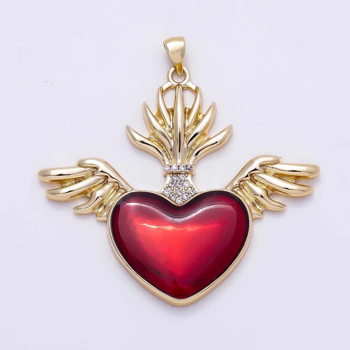 16K Gold Filled 47mm Micro Paved CZ Sacred Red Heart Angel Wings Religious Pendant Flaming Religious DIY Boho Necklace Jewelry| Charms-01277