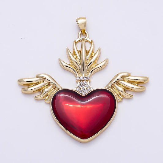 16K Gold Filled 47mm Micro Paved CZ Sacred Red Heart Angel Wings Religious Pendant Flaming Religious DIY Boho Necklace Jewelry| Charms-01277
