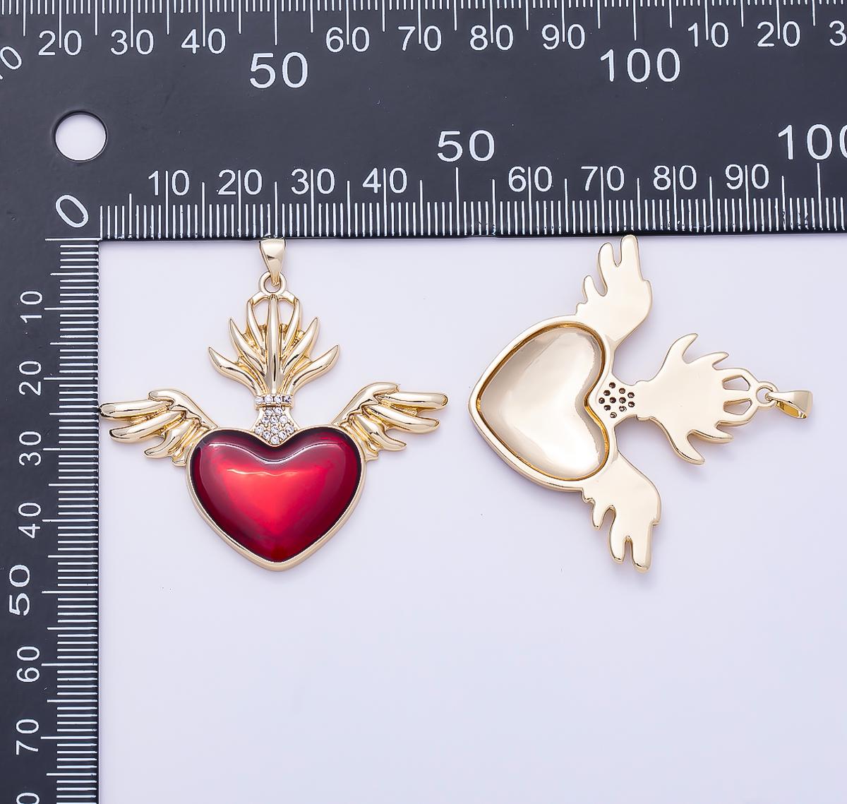 16K Gold Filled 47mm Micro Paved CZ Sacred Red Heart Angel Wings Religious Pendant Flaming Religious DIY Boho Necklace Jewelry| Charms-01277