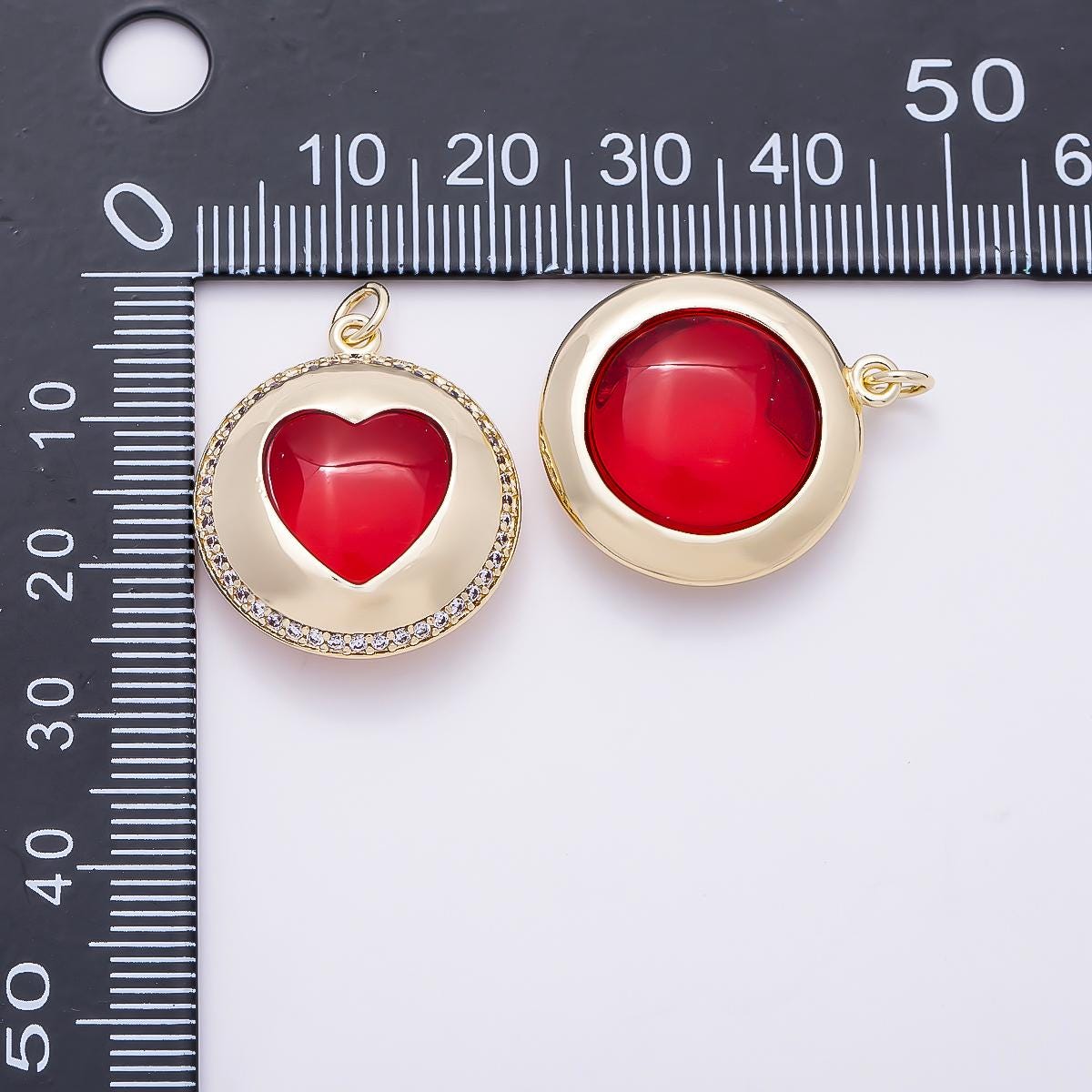 16K Gold Filled 24mm Red Heart Micro Paved CZ Round Pendant Glass Love Medallion Halo Coin Necklace Jewelry Making Supplies | Charms-01278