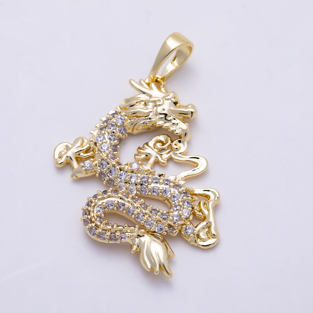 16K Gold Filled 28mm Micro Paved CZ Dragon Animals Pendant Mythical Creature for DIY Edgy Necklace Jewelry Making Supplies | Charms-01384