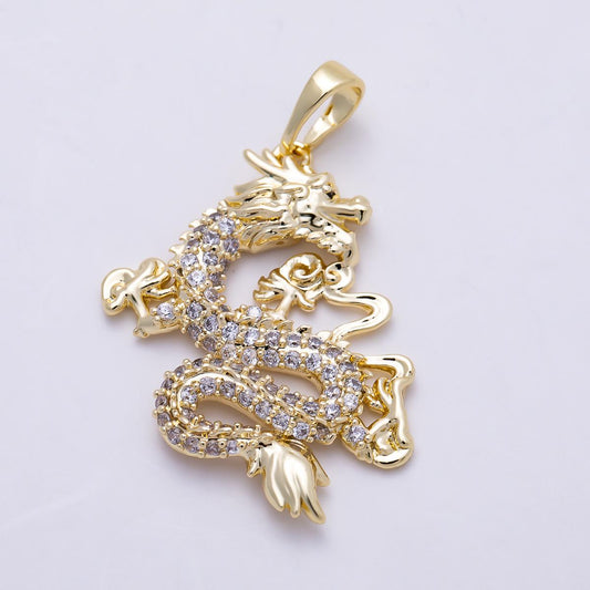 16K Gold Filled 28mm Micro Paved CZ Dragon Animals Pendant Mythical Creature for DIY Edgy Necklace Jewelry Making Supplies | Charms-01384