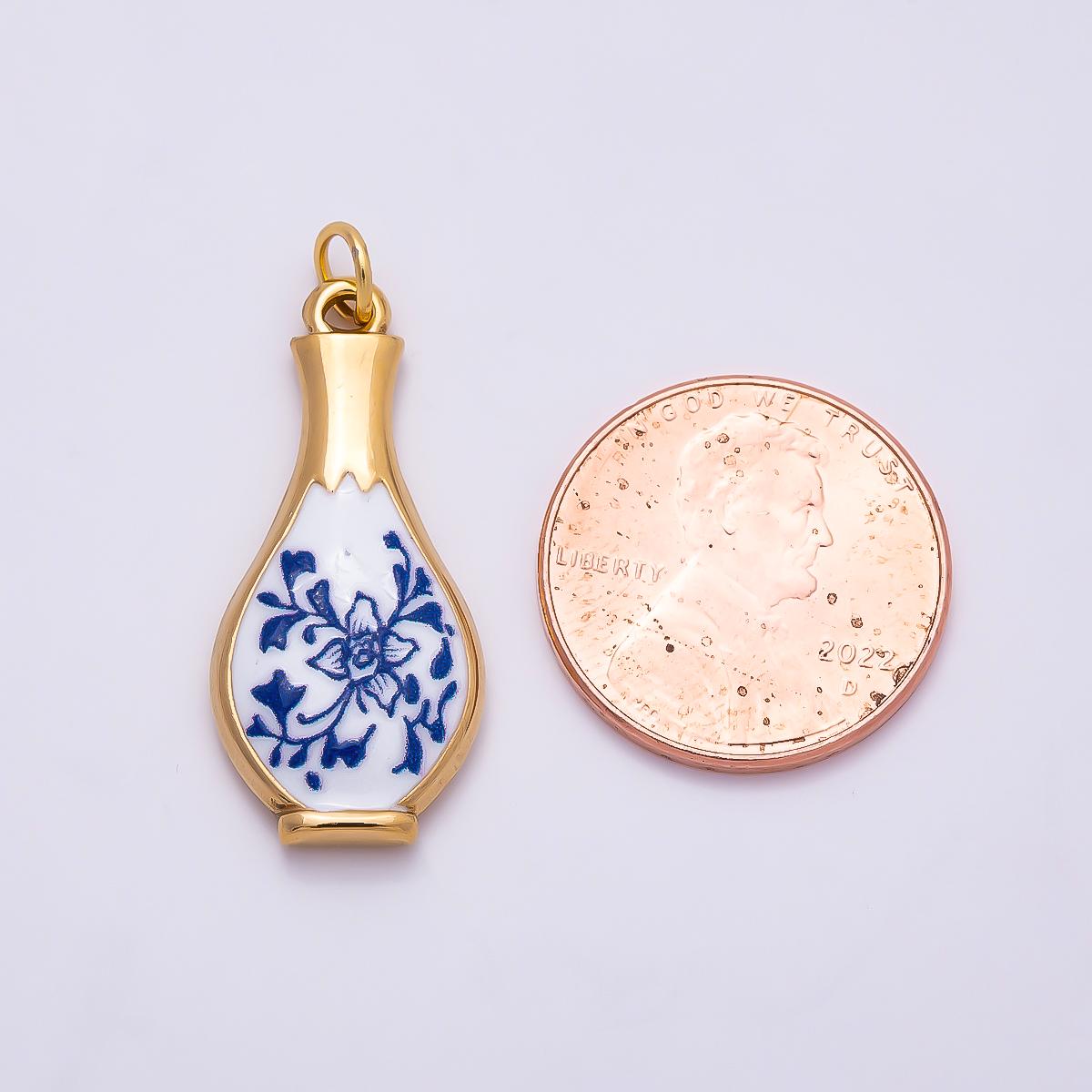PVD Gold Stainless Steel 27mm Blue White Porcelain Ceramic Vase Charm DIY Vintage Jewelry Making Supplies for Necklace | Charms-01329