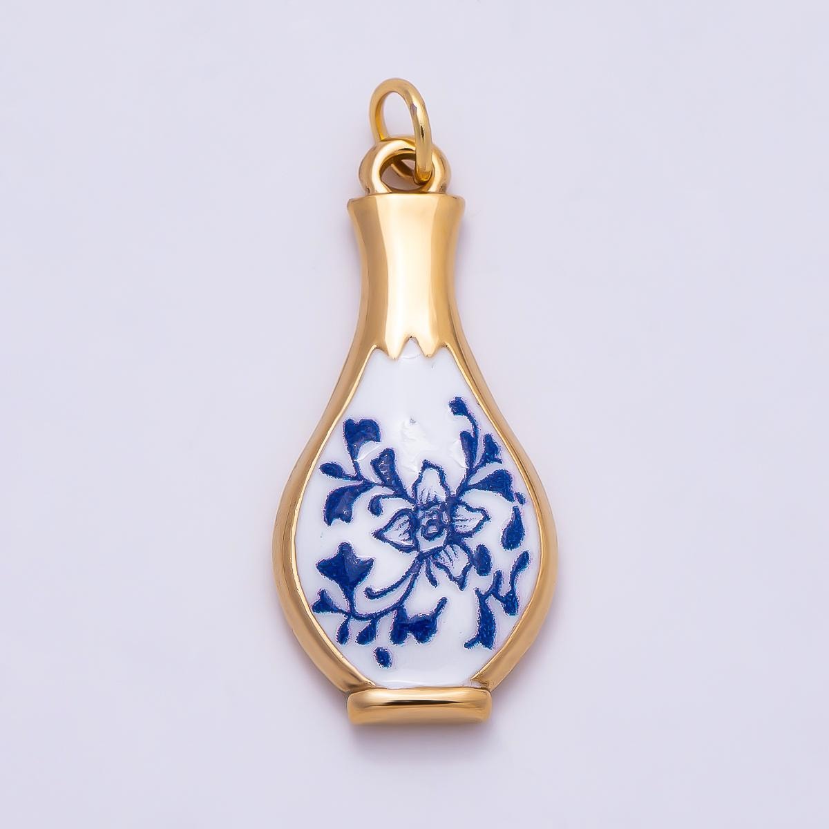 PVD Gold Stainless Steel 27mm Blue White Porcelain Ceramic Vase Charm DIY Vintage Jewelry Making Supplies for Necklace | Charms-01329