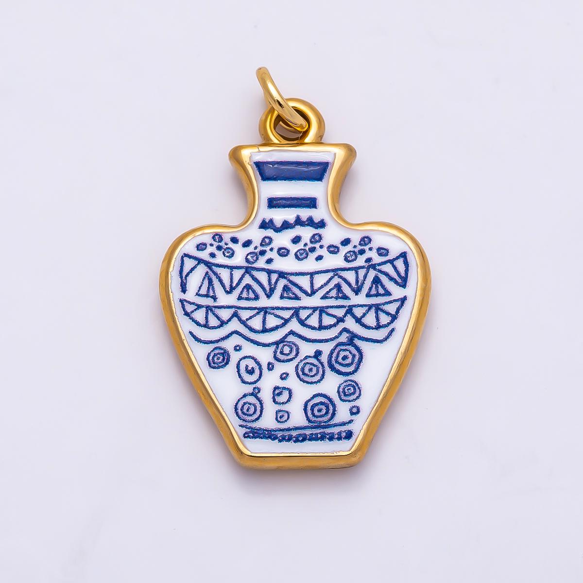 PVD Gold Stainless Steel 24mm Blue White Porcelain Artisan Ceramic Vase Charm DIY Jewelry Making Supply for Vacation | Charms-01330