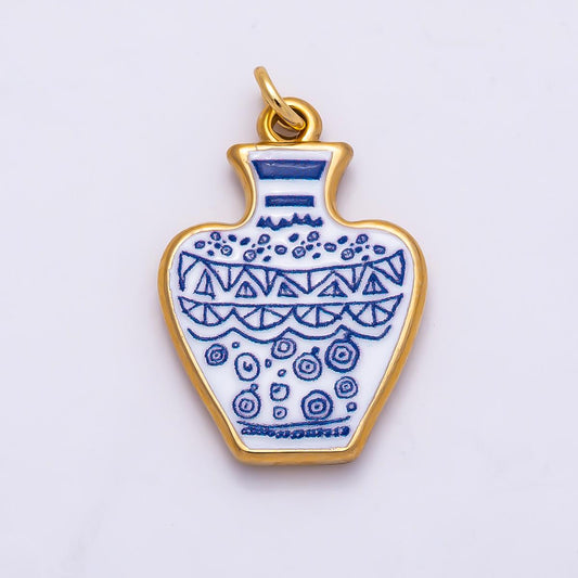 PVD Gold Stainless Steel 24mm Blue White Porcelain Artisan Ceramic Vase Charm DIY Jewelry Making Supply for Vacation | Charms-01330