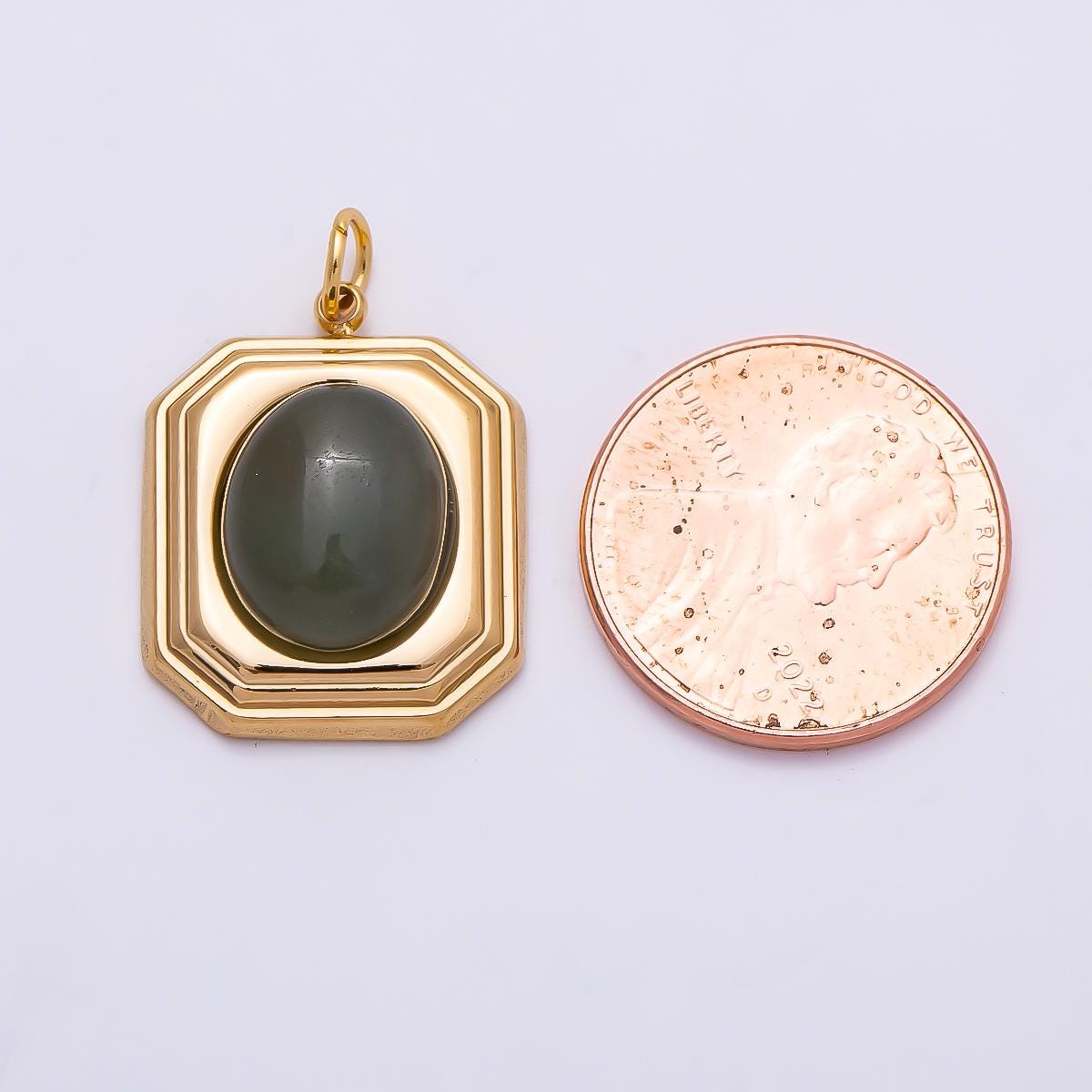 PVD Gold Stainless Steel 20mm Green Aventurine Cabochon Bezel Hexagon Charm Vintage Style Necklace Pendant DIY Supplies | Charms-01331