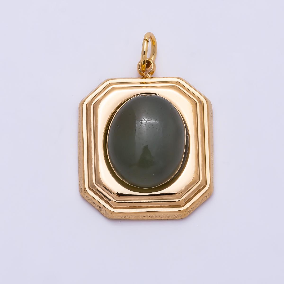 PVD Gold Stainless Steel 20mm Green Aventurine Cabochon Bezel Hexagon Charm Vintage Style Necklace Pendant DIY Supplies | Charms-01331