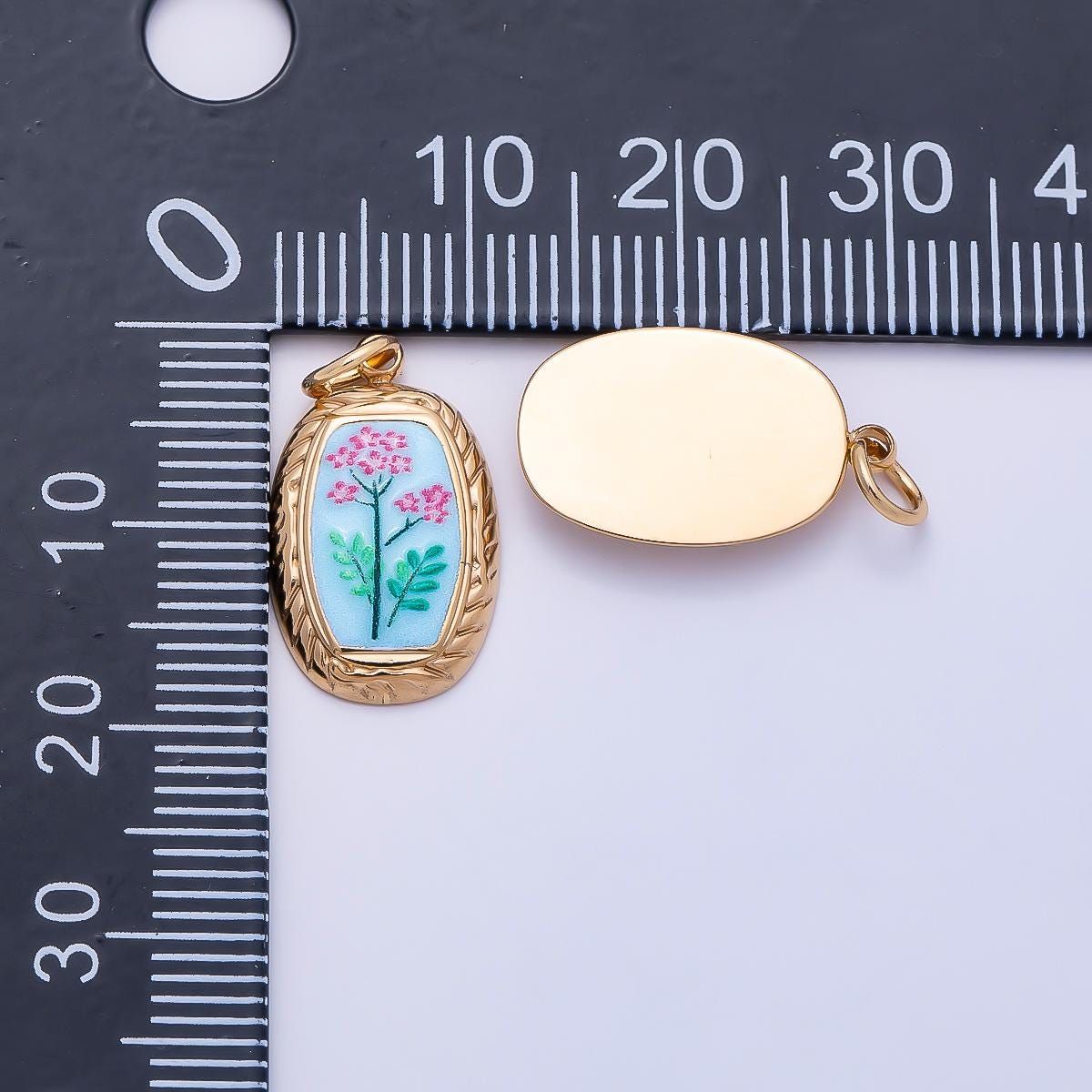 PVD Gold Stainless Steel Yellow, Blue Enamel Flower Ribbed Bezel Oval Charm Vintage Painting Style Pendant DIY Summer Jewelry | Charms-01333