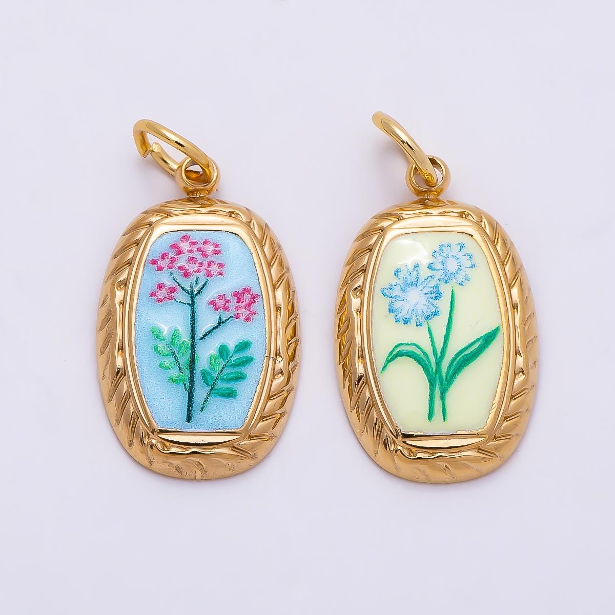 PVD Gold Stainless Steel Yellow, Blue Enamel Flower Ribbed Bezel Oval Charm Vintage Painting Style Pendant DIY Summer Jewelry | Charms-01333
