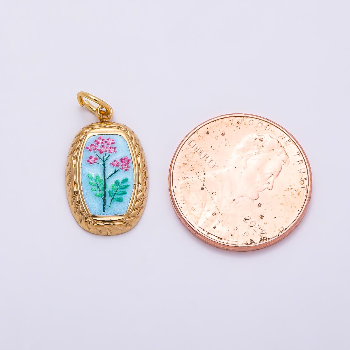 PVD Gold Stainless Steel Yellow, Blue Enamel Flower Ribbed Bezel Oval Charm Vintage Painting Style Pendant DIY Summer Jewelry | Charms-01333