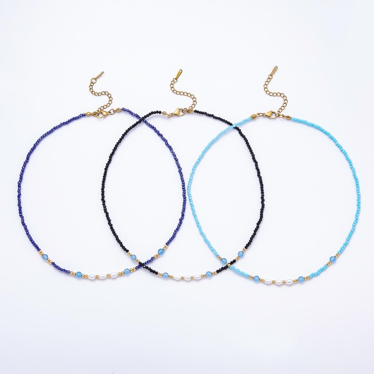 Handmade 2.5mm Shell Pearl Blue, Light Blue, Black Multifaceted Crystal Gemstone Chain 16 Inch Necklace Minimalist Boho Jewelry | WA-00689