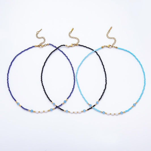Handmade 2.5mm Shell Pearl Blue, Light Blue, Black Multifaceted Crystal Gemstone Chain 16 Inch Necklace Minimalist Boho Jewelry | WA-00689