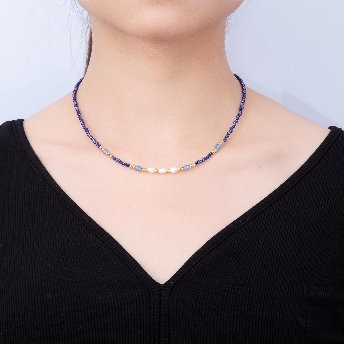 Handmade 2.5mm Shell Pearl Blue, Light Blue, Black Multifaceted Crystal Gemstone Chain 16 Inch Necklace Minimalist Boho Jewelry | WA-00689