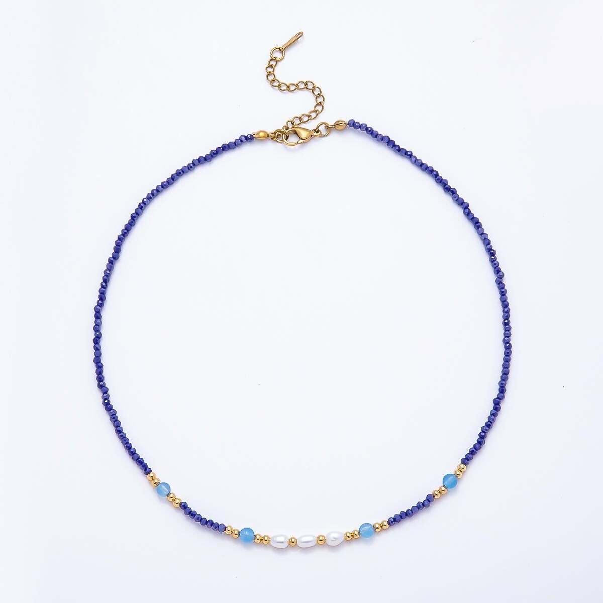 Handmade 2.5mm Shell Pearl Blue, Light Blue, Black Multifaceted Crystal Gemstone Chain 16 Inch Necklace Minimalist Boho Jewelry | WA-00689
