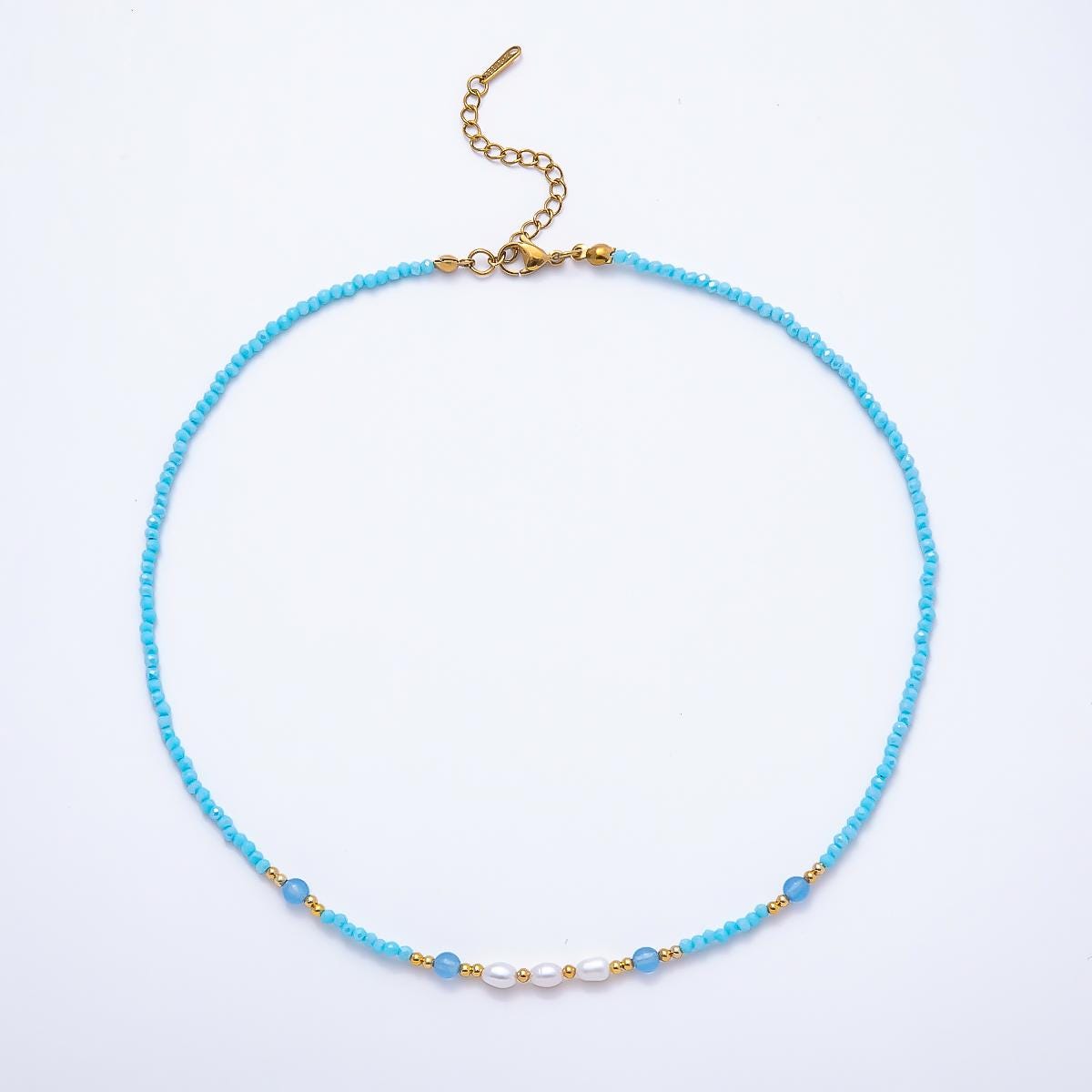 Handmade 2.5mm Shell Pearl Blue, Light Blue, Black Multifaceted Crystal Gemstone Chain 16 Inch Necklace Minimalist Boho Jewelry | WA-00689