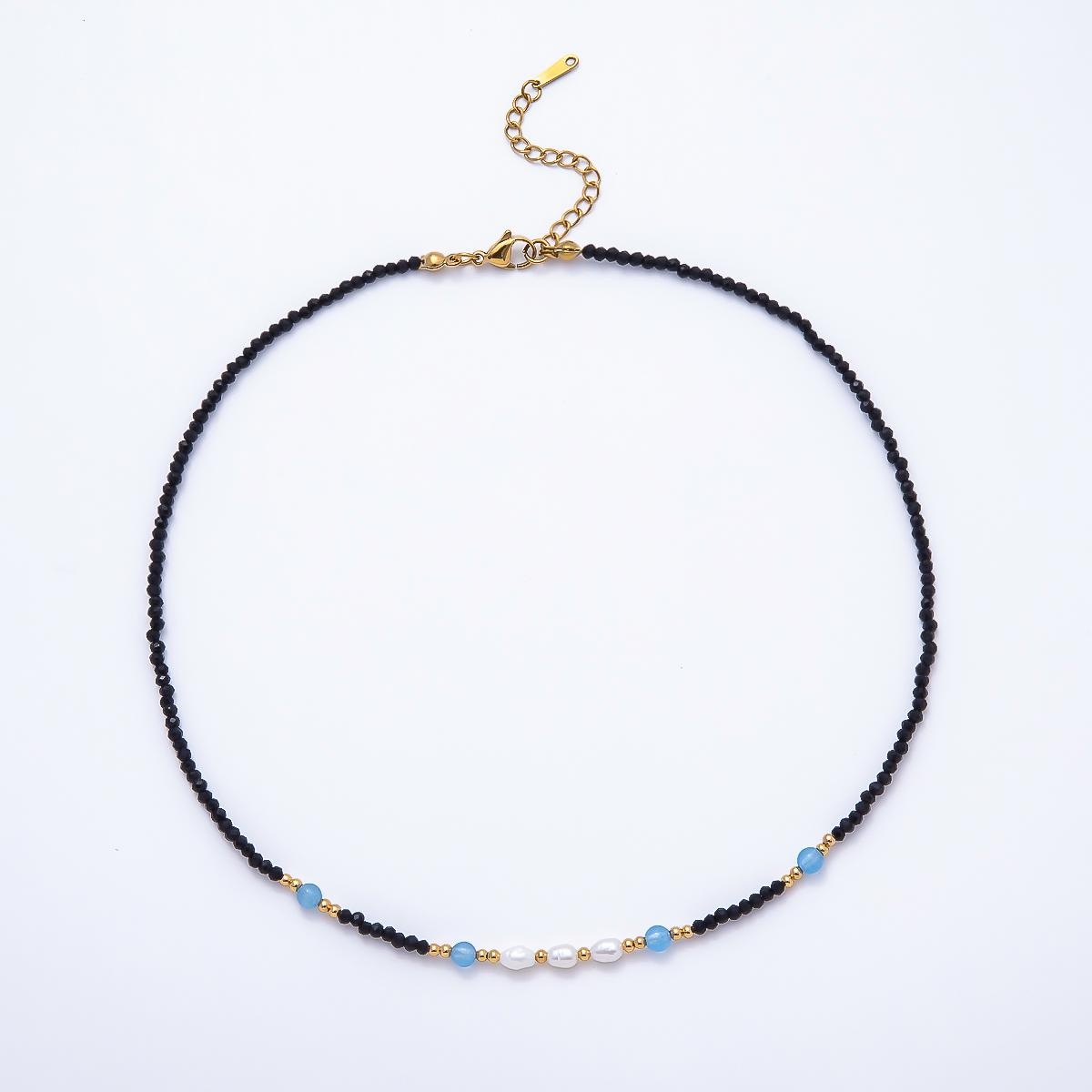 Handmade 2.5mm Shell Pearl Blue, Light Blue, Black Multifaceted Crystal Gemstone Chain 16 Inch Necklace Minimalist Boho Jewelry | WA-00689