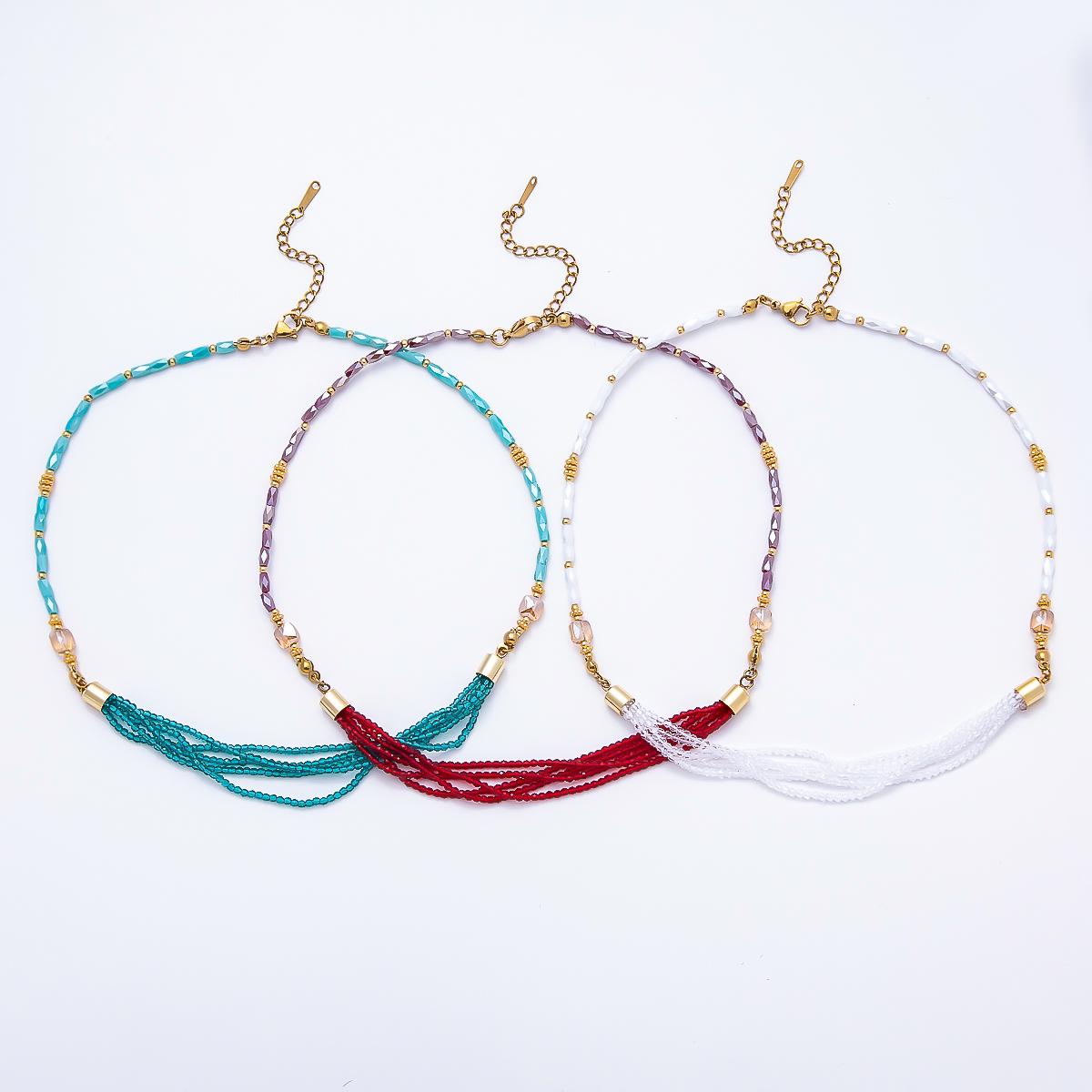 Handmade 3mm Blue, Red, White Crystal Round Tube Multi Layer Gemstone Chain 16.5 Inch Necklace Statement Jewelry Chokers | WA-00811