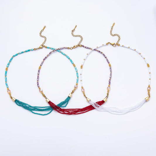 Handmade 3mm Blue, Red, White Crystal Round Tube Multi Layer Gemstone Chain 16.5 Inch Necklace Statement Jewelry Chokers | WA-00811