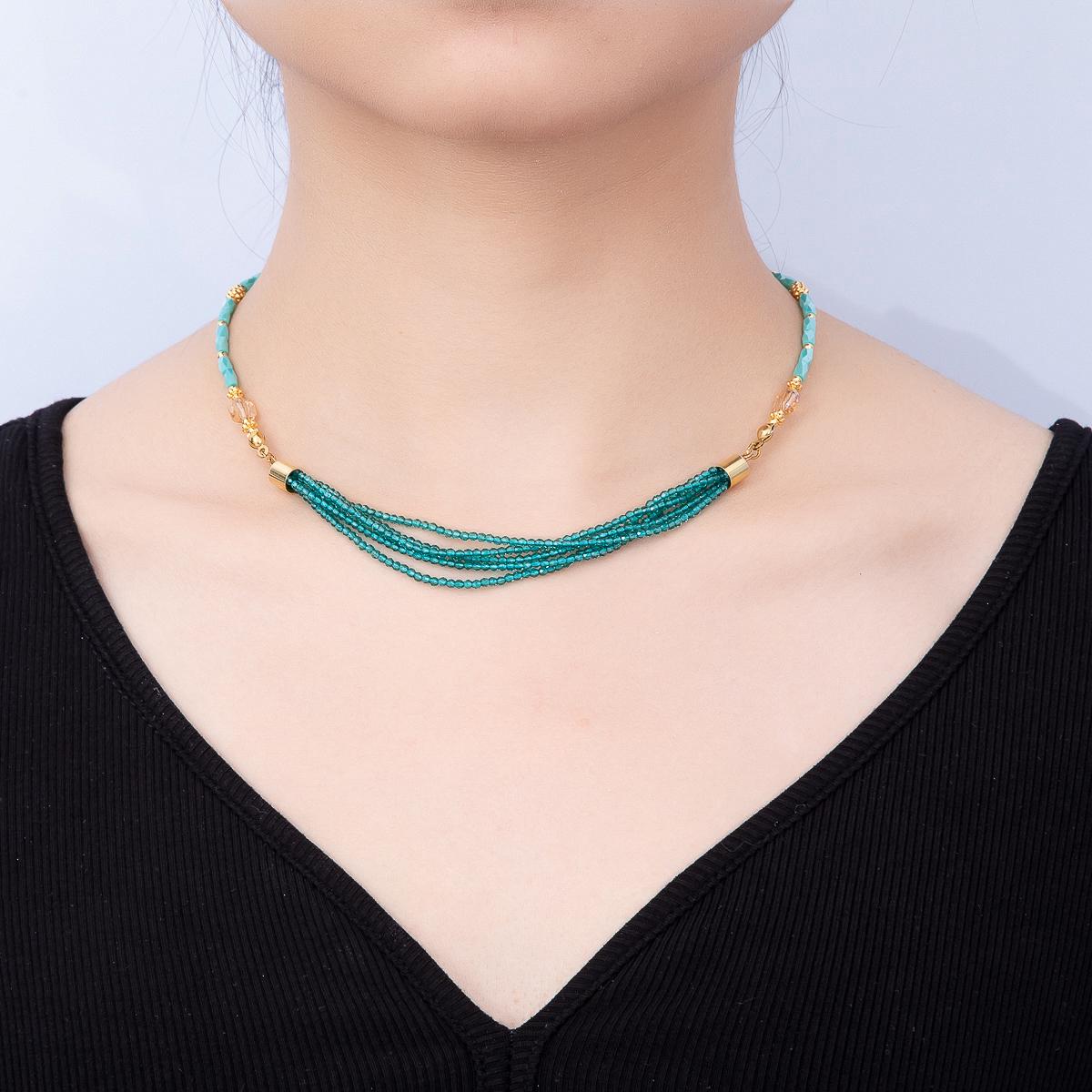 Handmade 3mm Blue, Red, White Crystal Round Tube Multi Layer Gemstone Chain 16.5 Inch Necklace Statement Jewelry Chokers | WA-00811