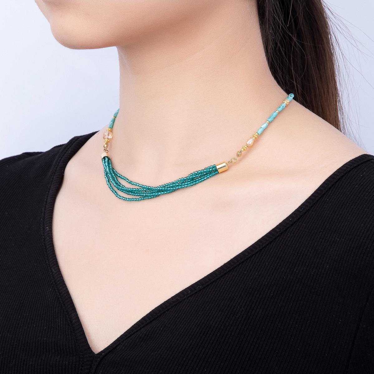 Handmade 3mm Blue, Red, White Crystal Round Tube Multi Layer Gemstone Chain 16.5 Inch Necklace Statement Jewelry Chokers | WA-00811