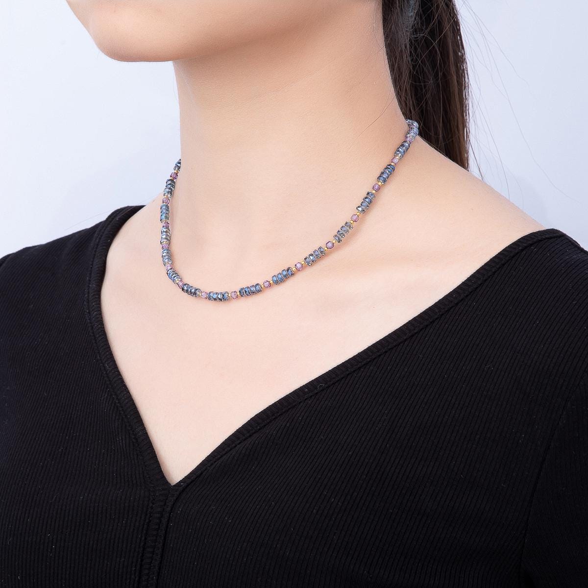 3mm Blue, Pink, Clear AB, Peach, White, Green Tube Rondelle Multifaceted Crystal Gemstone Chain 16 Inch Festival Theme Necklace | WA-00898