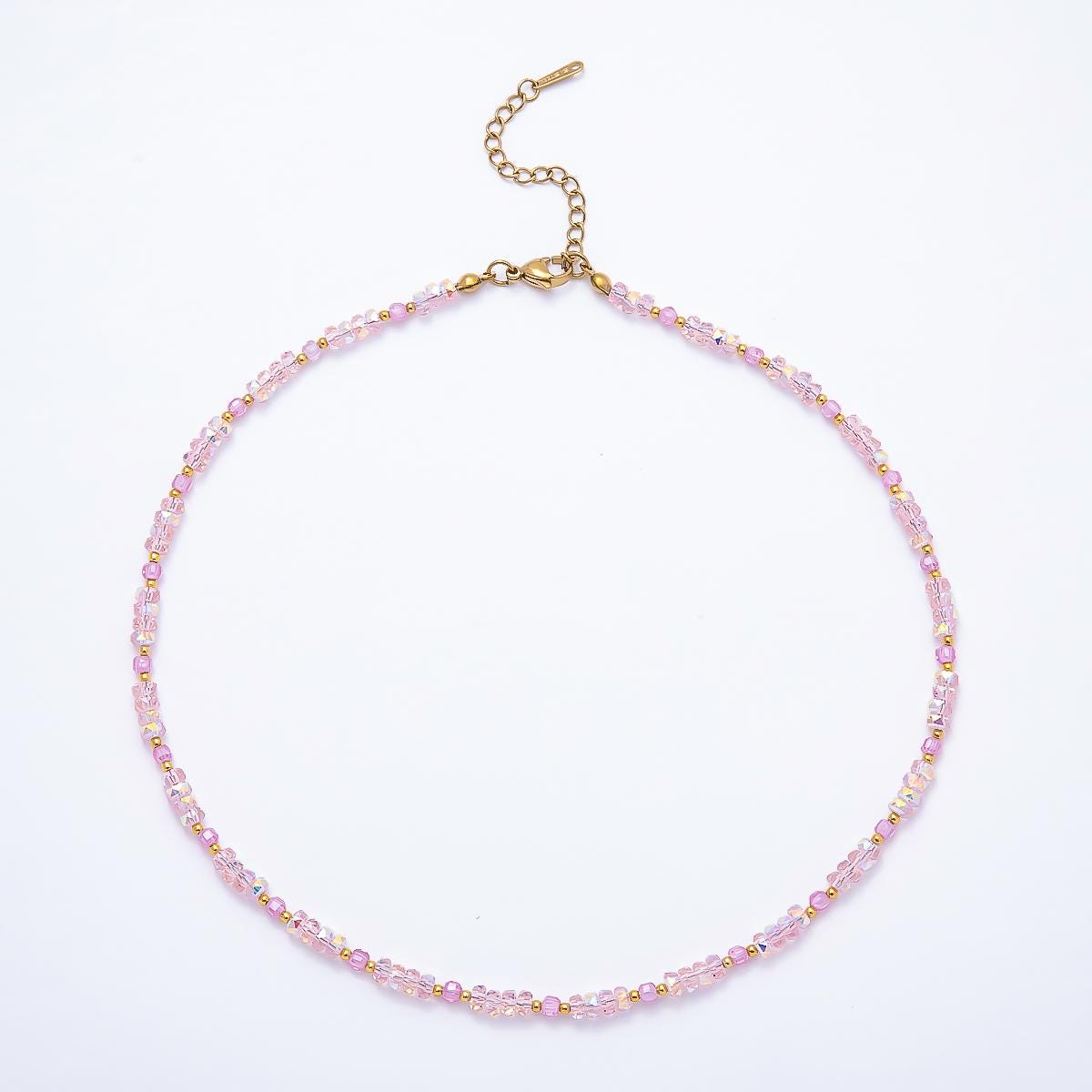 3mm Blue, Pink, Clear AB, Peach, White, Green Tube Rondelle Multifaceted Crystal Gemstone Chain 16 Inch Festival Theme Necklace | WA-00898