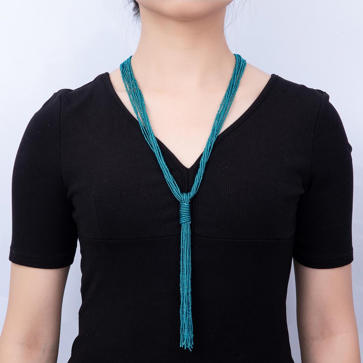 Black, Green, Blue, Grey, White Boho Multi Layer Fringe Knot Lariat Multifaceted Crystal Gemstone Chain 30 Inch Necklace Jewelry | WA-01096