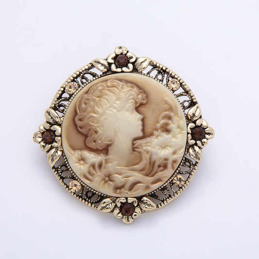 Vintage Gold 46mm Lady Portrait Cameo Flower Rhinestone Round Pin Brooch Gold Filigree Oval Accessory Gift for Her Coats Scarves | BH-00176