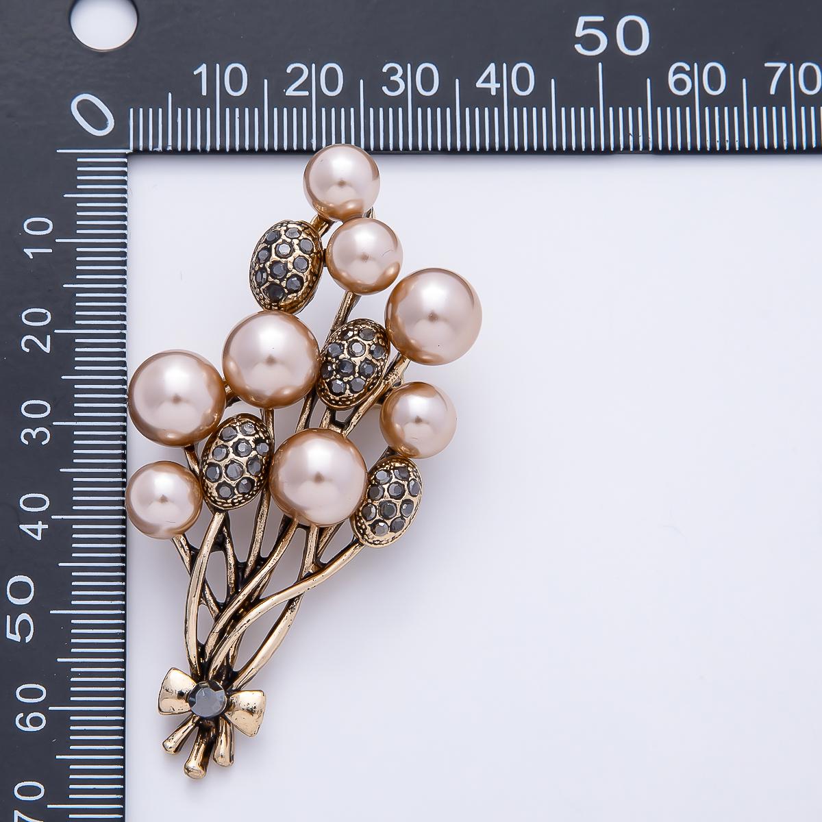 Vintage Gold 65mm Shell Pearl Rhinestone Paved Flower Bouquet Pin Brooch Champagne Floral Cluster Fashion Accessory Coats & Bags | BH-00180