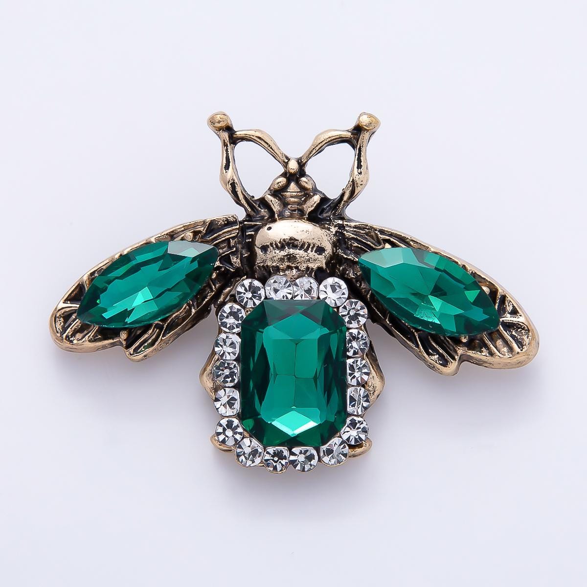 Vintage Gold 47mm Green Rhinestone Honey Bee Pin Crystal Insect Bug Brooch Jewelry Statement Gift for Her Fashion Accessory | BH-00182