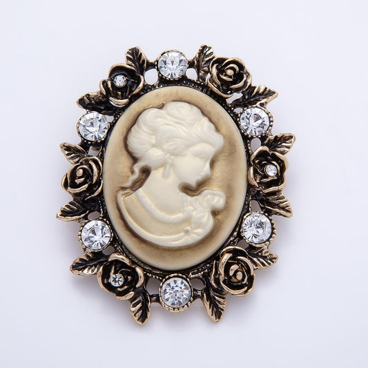 Vintage Gold 59mm Clear Rhinestone Lady Portrait Cameo Rose Flower Oval Pin Brooch Antique Style Victorian Accessory Coats & Bags | BH-00183