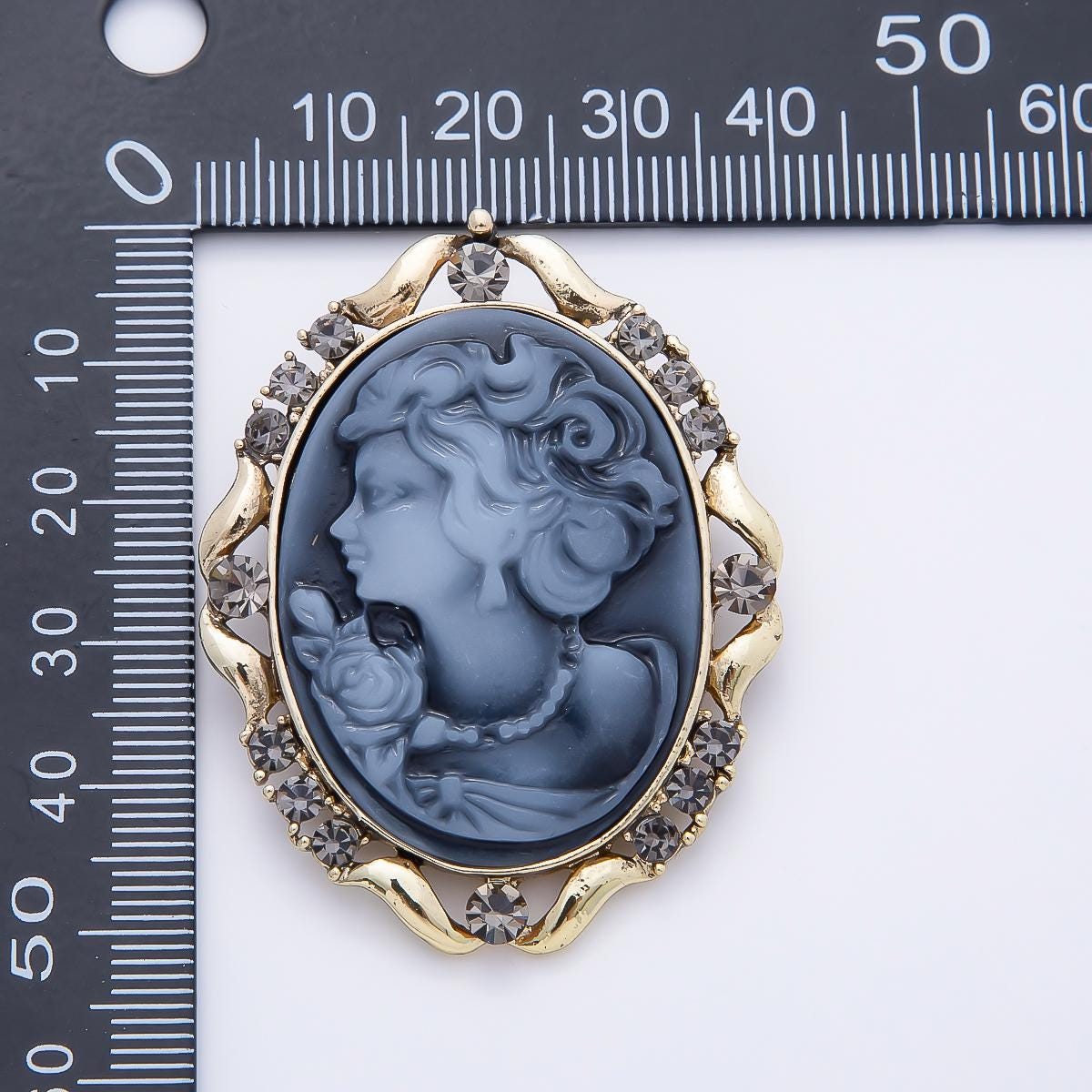 Antique Gold 50mm Blue Epoxy Lady Portrait Cameo Rhinestone Oval Pin Victorian Style Elegant Brooch Fashion Accessory for Coats | BH-00160