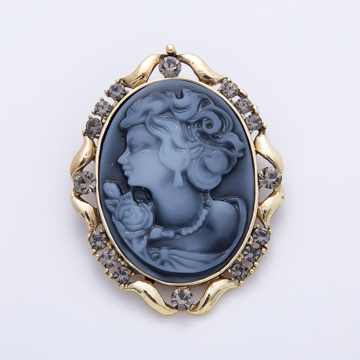 Antique Gold 50mm Blue Epoxy Lady Portrait Cameo Rhinestone Oval Pin Victorian Style Elegant Brooch Fashion Accessory for Coats | BH-00160