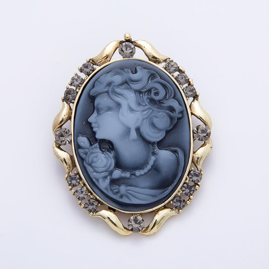 Antique Gold 50mm Blue Epoxy Lady Portrait Cameo Rhinestone Oval Pin Victorian Style Elegant Brooch Fashion Accessory for Coats | BH-00160