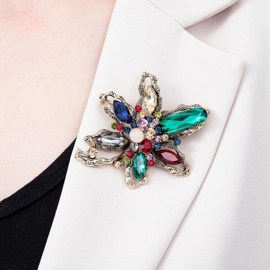 Vintage Gold 75mm Multicolor Multi Cut Rhinestone Molten Geometric Flower Pin Ruby Cluster Floral Leaf Statement Accessory | BH-00163