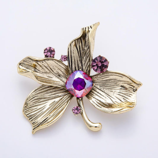 Vintage Orchid Brooch 62mm Purple Rhinestone Floral Leaf Pin Fashion Statement Accessory for Coats Bags & Scarves | BH-00173