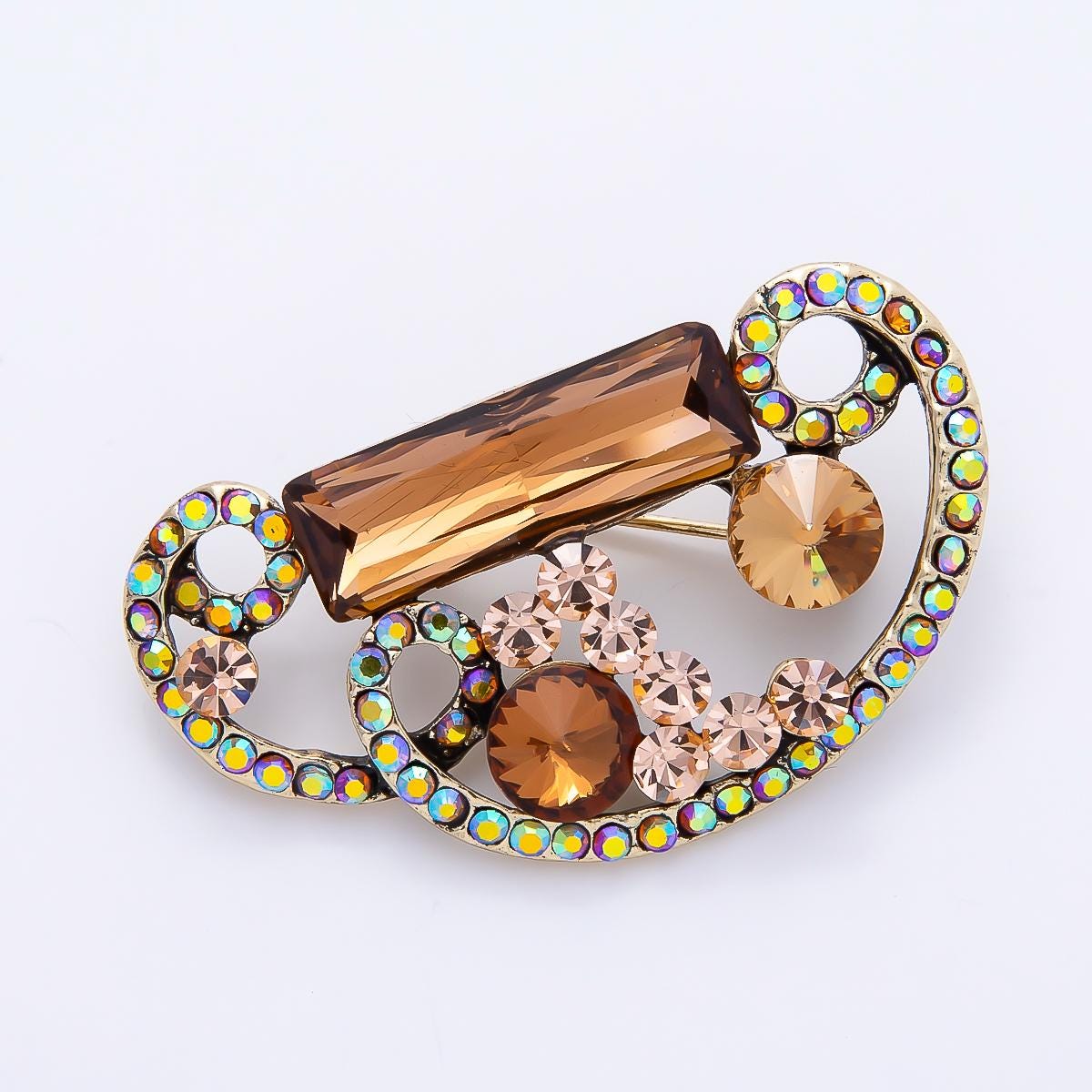 Antique Gold 46mm Brown Baguette AB Round Rhinestone Open Geometric Pin Aurora Art Deco Brooch Elegant Statement Piece | BH-00162