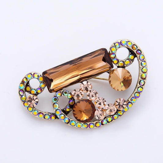 Antique Gold 46mm Brown Baguette AB Round Rhinestone Open Geometric Pin Aurora Art Deco Brooch Elegant Statement Piece | BH-00162