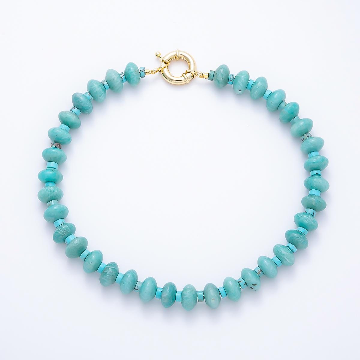 SUMMER 16K Gold Filled 14mm Blue Turquoise Amazonite Rondelle Gemstone 18 Inch Chain Necklace Boho Chic Jewelry for Her | WA-00247