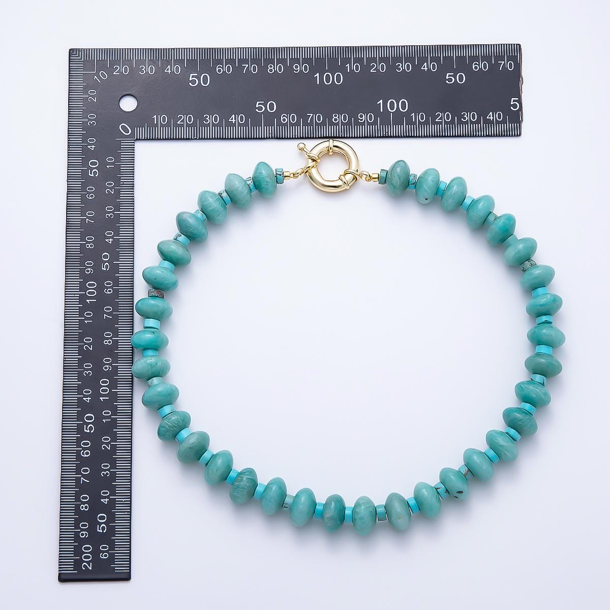 SUMMER 16K Gold Filled 14mm Blue Turquoise Amazonite Rondelle Gemstone 18 Inch Chain Necklace Boho Chic Jewelry for Her | WA-00247