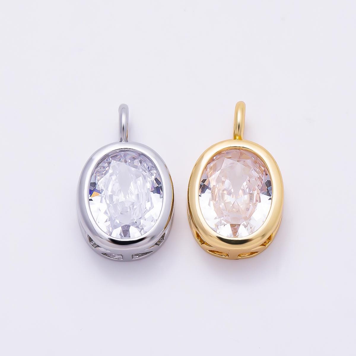 16K Gold Filled 16.5mm Oval CZ Bezel Solitaire Pendant in Gold & Silver Birthstone Drop DIY Necklace Earring Making Supply | Charms-01374