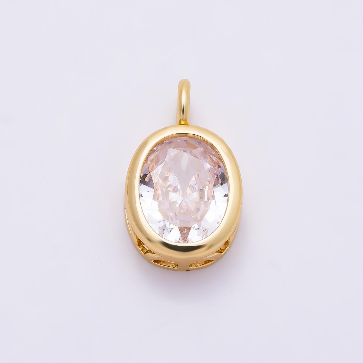 16K Gold Filled 16.5mm Oval CZ Bezel Solitaire Pendant in Gold & Silver Birthstone Drop DIY Necklace Earring Making Supply | Charms-01374