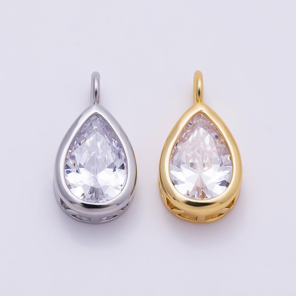16K Gold Filled 18.5mm Teardrop CZ Bezel Solitaire Pendant in Gold & Silver Drop Birthstone DIY Necklace Earring Making Supply| Charms-01376
