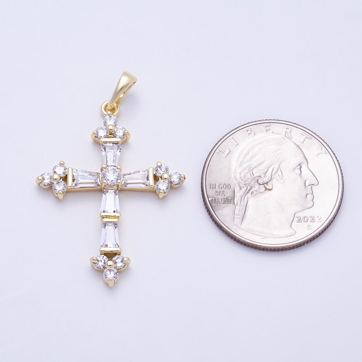 16K Gold Filled 35mm Clear CZ Baguette Micro Paved Religious Cross Pendant Religious DIY Jewelry Necklace Supply Gift for Her | Charms-01380