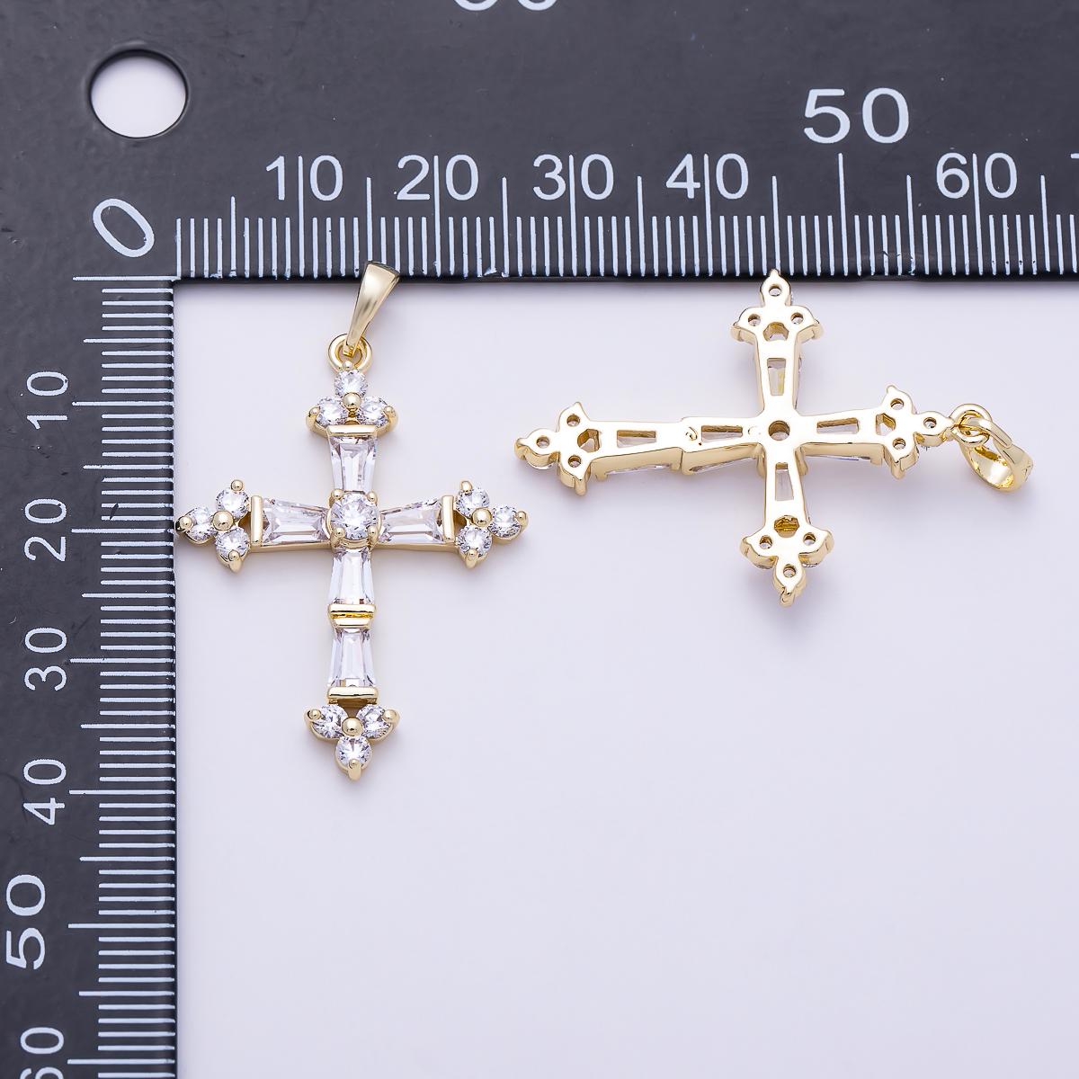 16K Gold Filled 35mm Clear CZ Baguette Micro Paved Religious Cross Pendant Religious DIY Jewelry Necklace Supply Gift for Her | Charms-01380