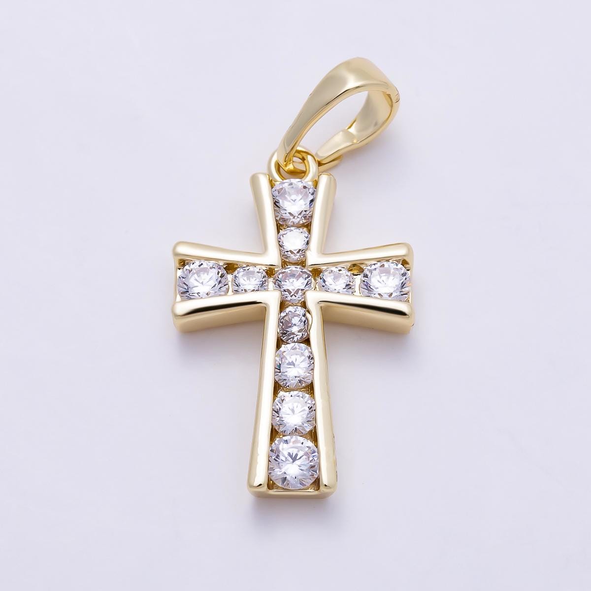 16K Gold Filled 20mm Clear CZ Lined Religious Cross Pendant Crucifix Religious Amulet DIY Jewelry Necklace Supply Gift for Her| Charms-01381