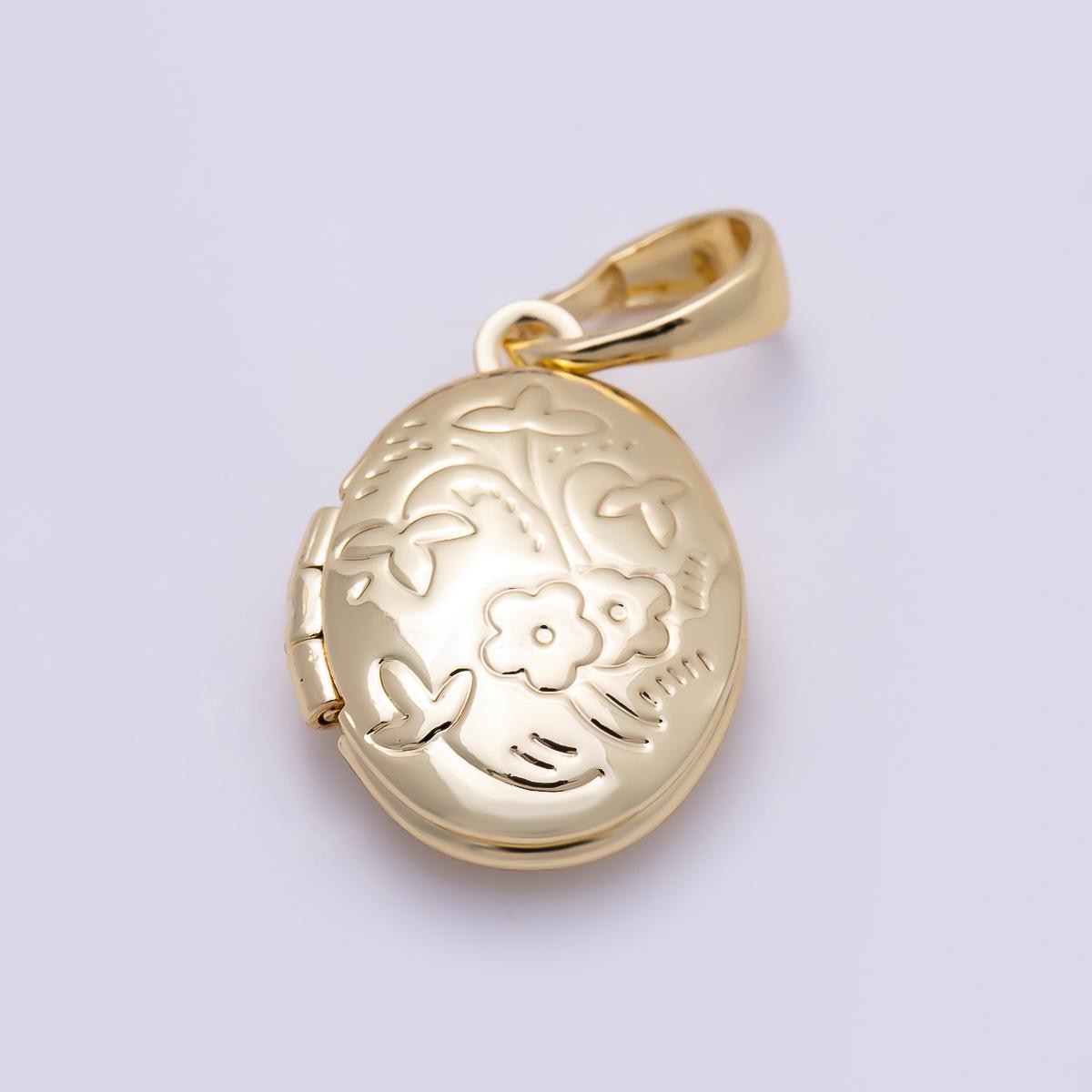 16K Gold Filled 16mm Flower Engraved Oval Locket Pendant Floral Keepsake DIY jewelry Necklace Supply Sentimental Gift for Her | Charms-01382