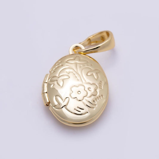 16K Gold Filled 16mm Flower Engraved Oval Locket Pendant Floral Keepsake DIY jewelry Necklace Supply Sentimental Gift for Her | Charms-01382
