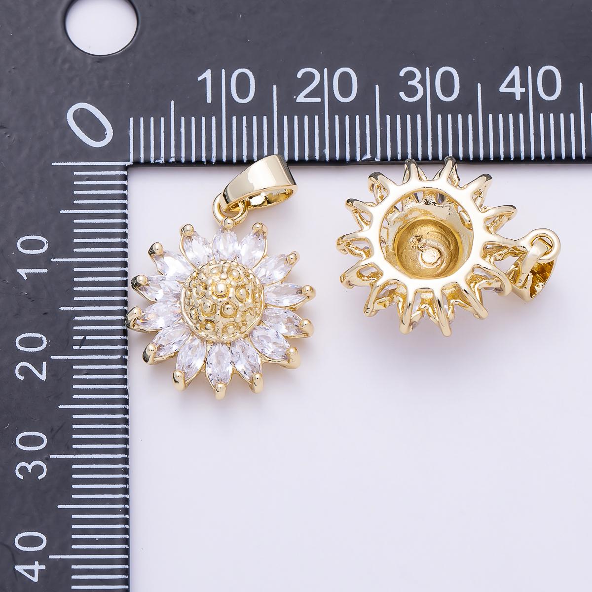16K Gold Filled 21.5mm Clear CZ Sun Flower Pendant Textured Floral Botanical Gift DIY Jewelry Necklace Supply | Charms-01383